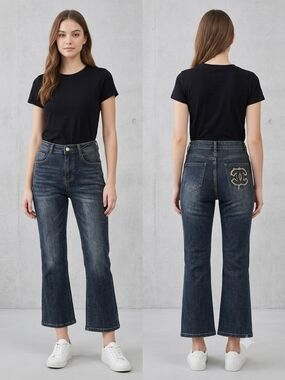 Source Unknown Dark Blue Embroidered Back-Pocket Flare Jeans